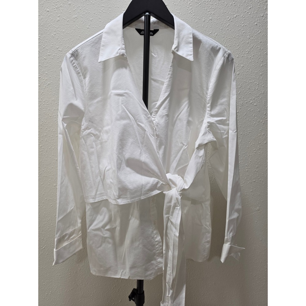 Project Runway Womens XL White Long Sleeve Wrap Tie Front Button Up Shirt Blouse